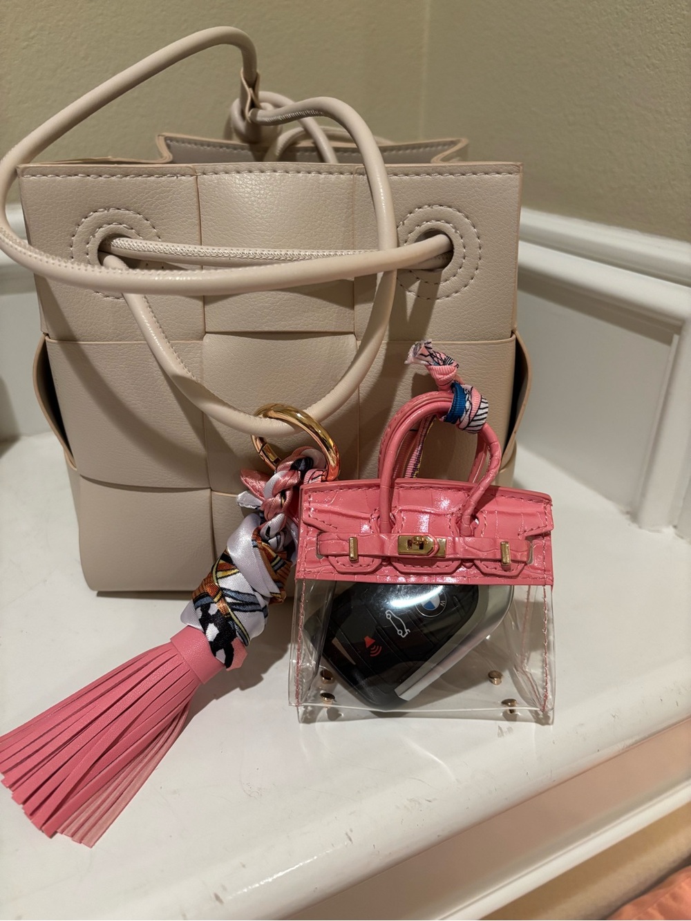 Pink Clear Mini Handbag with Scarf & Tassel Charm